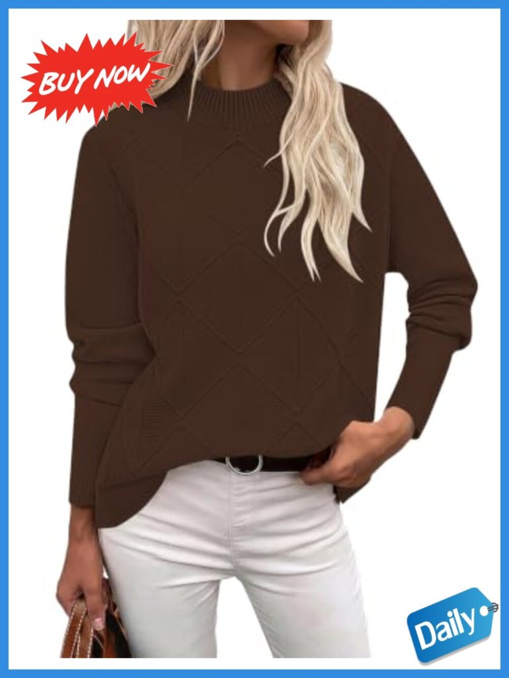 Mock Neck Sweater Long Sleeve Cable Knit Diamond Geometric Pullover